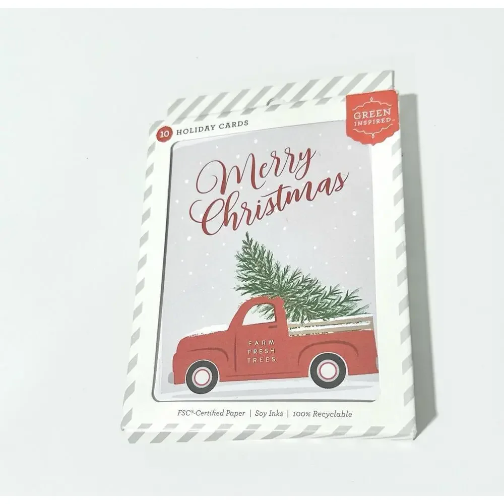 NEW Green Inspired Holiday Note Cards White Envelopes Christmas Tree Truck 30 Ct